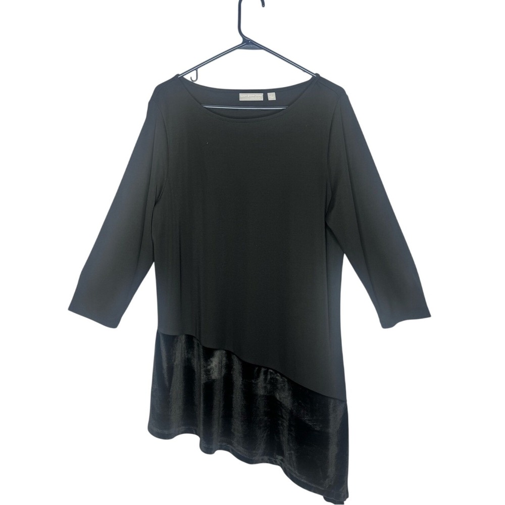 Susan Graver Womens Liquid Knit Black Tunic Top Sz L Asymmetrical Velvet Hem